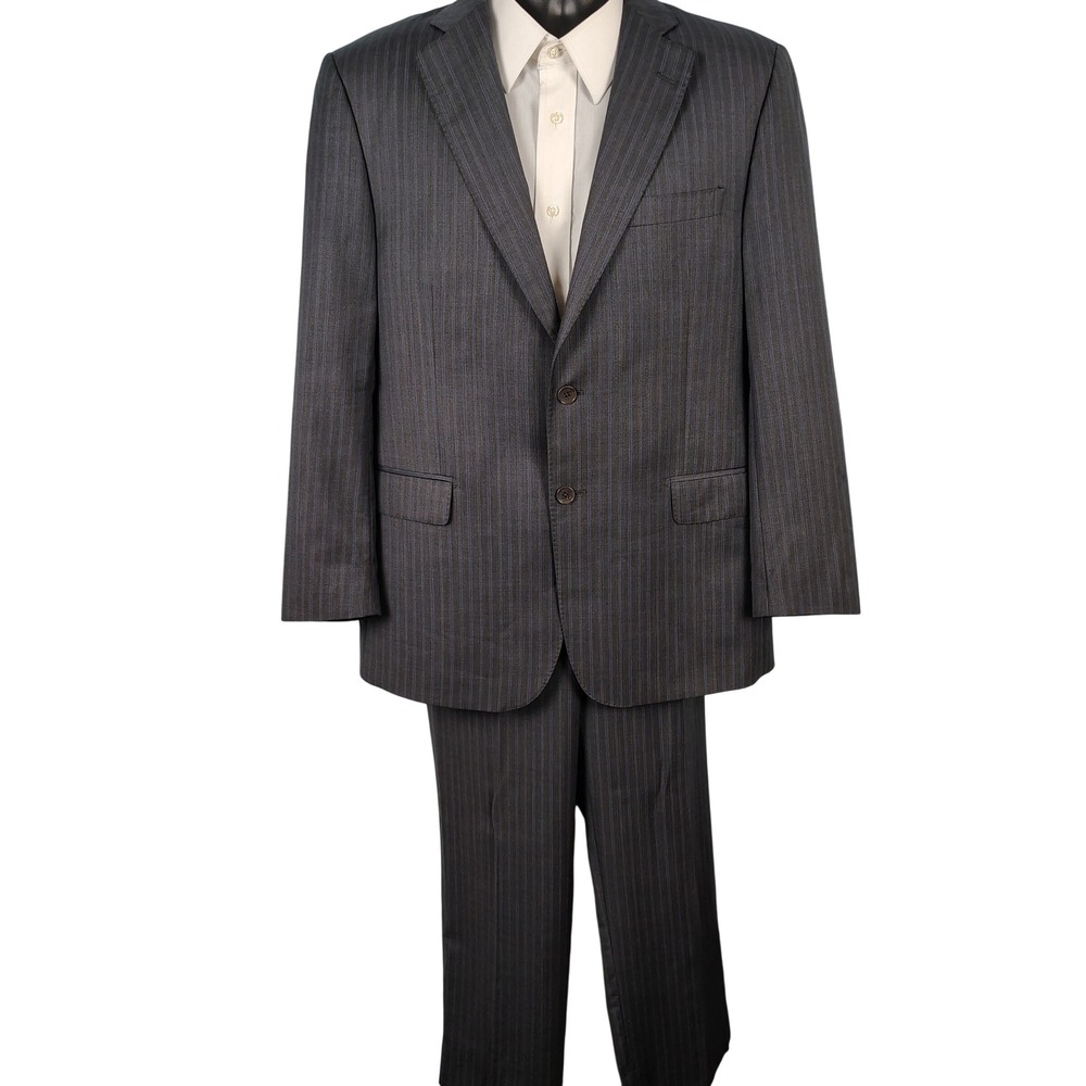 Saks Fifth Avenue Mens SZ 42 Pinstripe Suit Grey Blue Wool Silk Zegna Italy